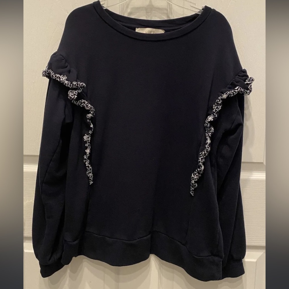 Loft Navy Blue Ruffle Embroidered Crew Neck